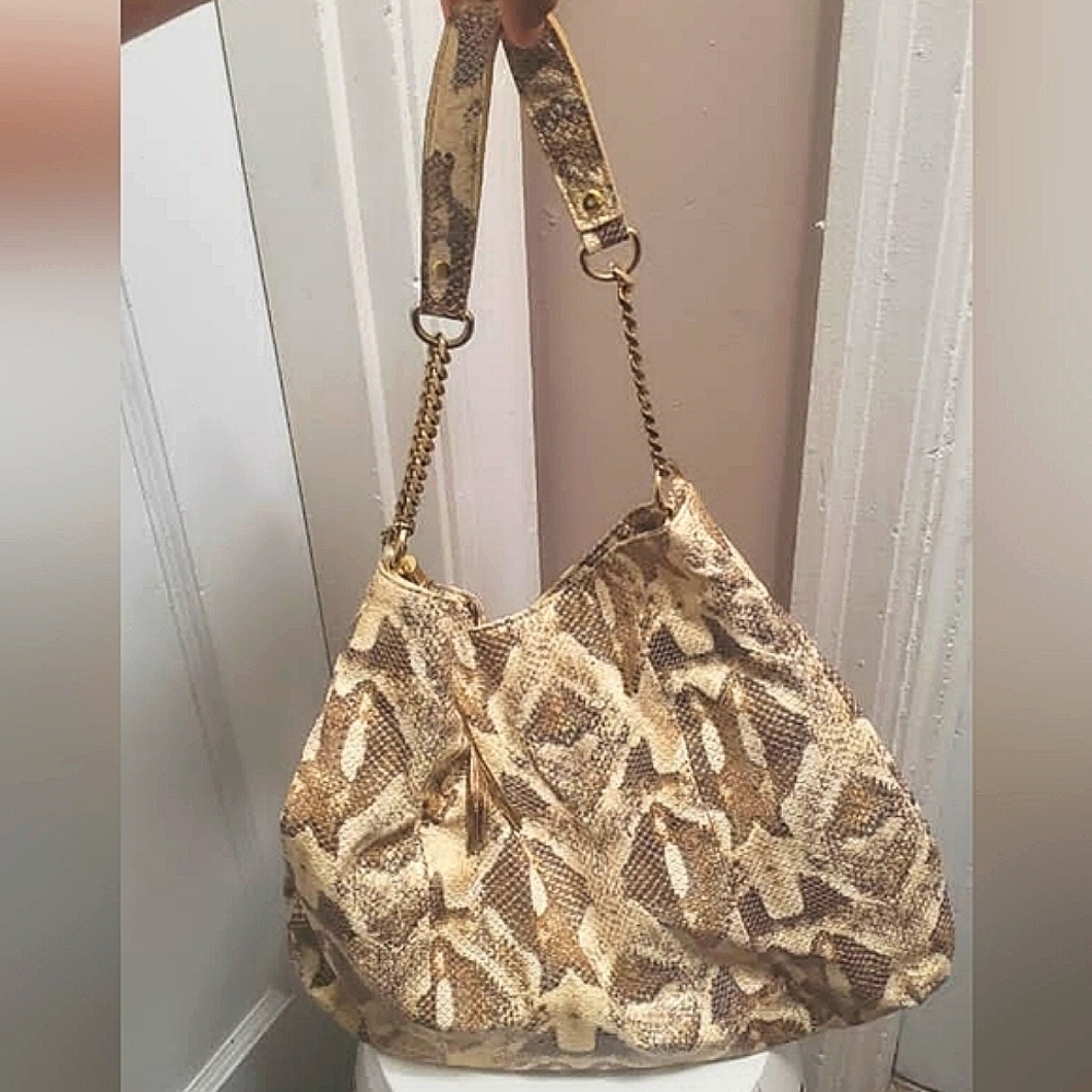 Tan Leather Gold Shimmer Python Print Shoulder Bag 🌴